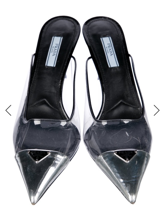 Prada Shoes - Prada Clear PVC Slingback Mules with Silver Pointed Toe Caps
